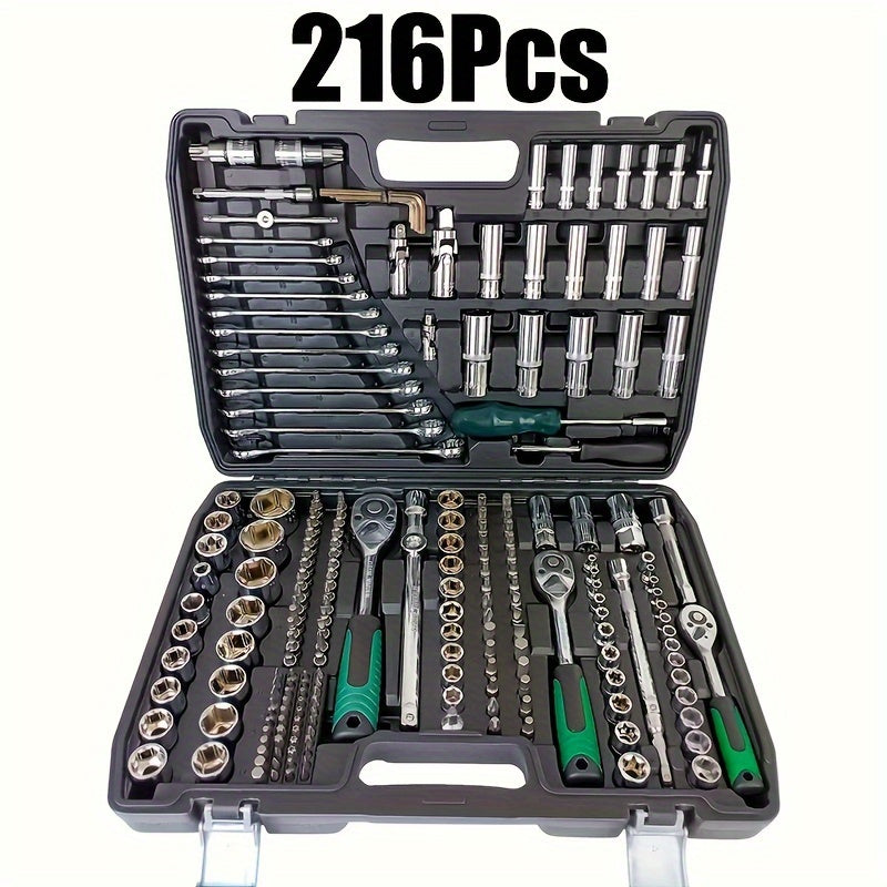 216/46pcs High Quality Multifunctional Heat Treated Chrome Vanadium Steel Ultimate Car Mechanic Tool Set, Premium Torque Wrench Set, Ultra Portable, Integrated Solution for Car, Bike And Motorcycle Maintenance
