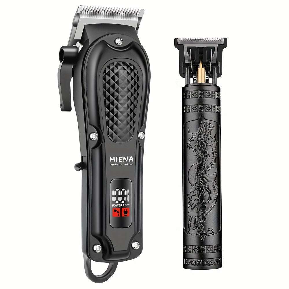 2pcs HIENA Professional Hair Clippers for Men, Cordless USB Rechargeable Lithium Battery, ABS Body, Digital Display, Carved Design, with 1200mAh Battery, for Ideal Gift for Father