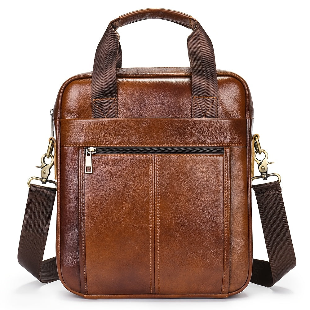 Men's Genuine Leather Messenger Bag - Adjustable Crossbody & Shoulder Handbag for Travel, Work, and Business - Brown, Large Capacity with Multiple Compartments, Durable Cowhide Leather, Smooth Zippers, Detachable Strap, Carry