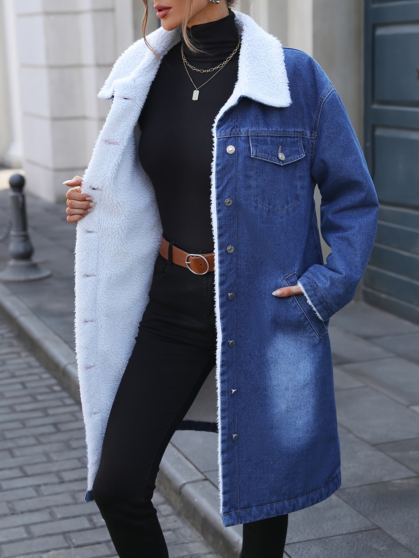 Morin Elegant Mid-Length Denim Jacket with Faux Fur Trim - Women's Winter Loose Fit, Button-Up, Long Sleeve, Flap Pocket Coat, Machine Washable, Cotton/Polyester Blend