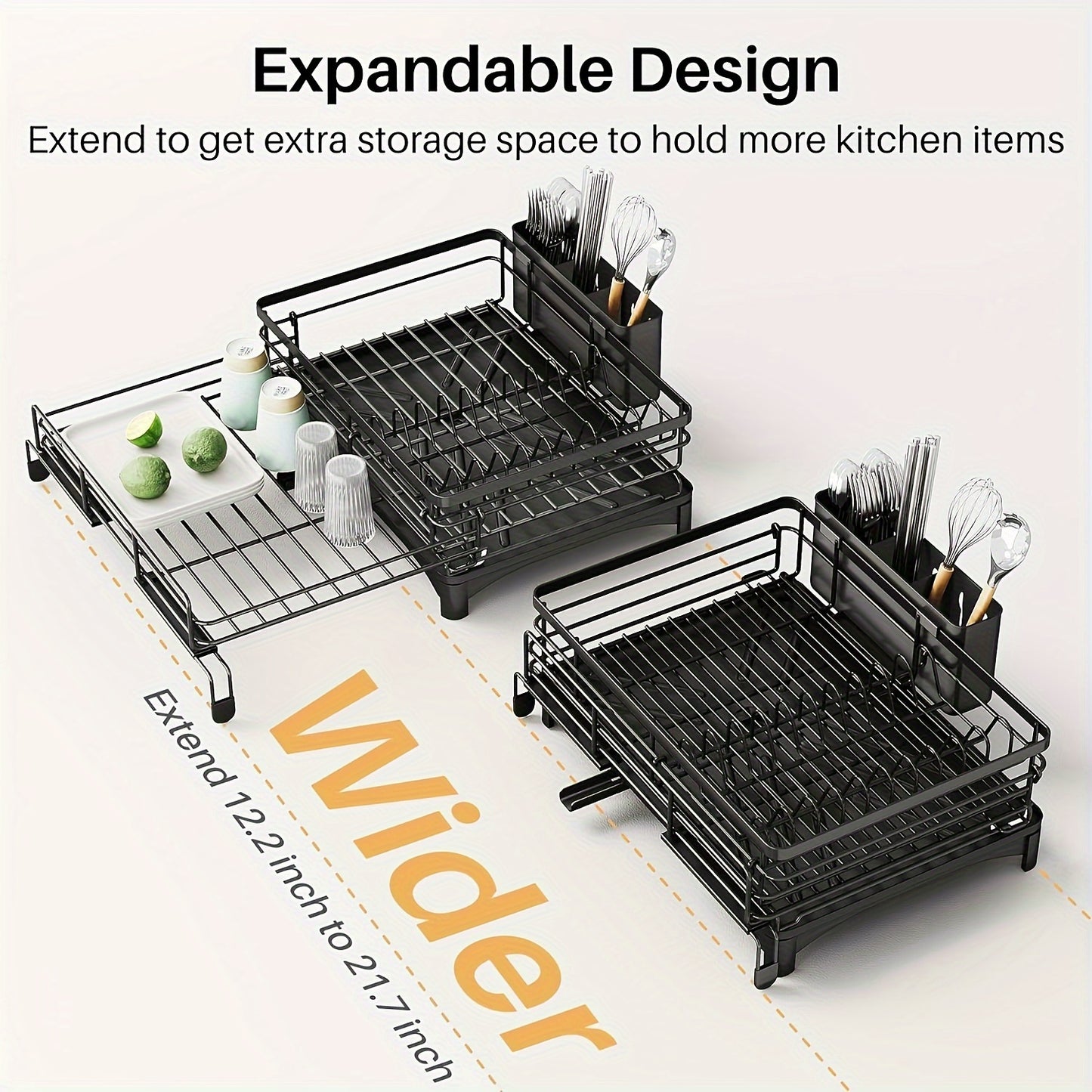 Expandable 2-in-1 Dish Drying Rack - Space-Saving, Rust-Resistant Metal Dish Drainer With Pan Slots, Utensil Holder, And Drainboard For Kitchen Counter And Sink Organization