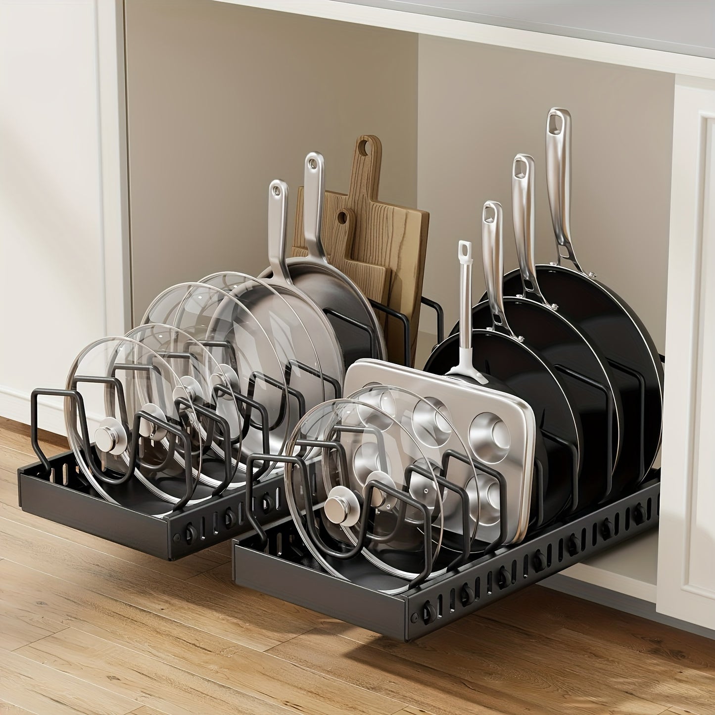 Pull Out Pot Lids Organizer Rack, 2pcs Pots And Pans Organizer for Under Cabinet, Pot Lid Holder with 8 Adjustable Compartment for Kitchen Cabinet Cookware Baking
