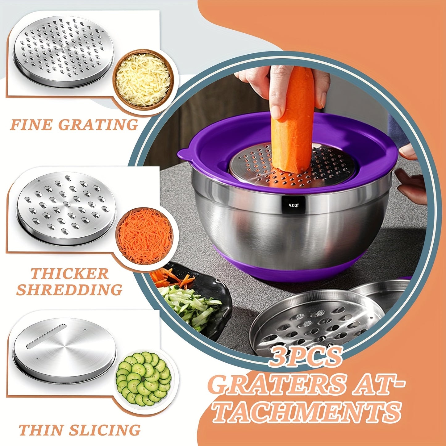 Mixing Bowls with Airtight Lids, 26pcs Stainless Steel Bowls Set 6 bowls & Lids + 20 kitchen tools, 3 Grater Attachments & Black Non-Slip Bottoms Size 7, 4, 2.5, 2.0, 1.5, 1QT, Great for Mixing & Serving
