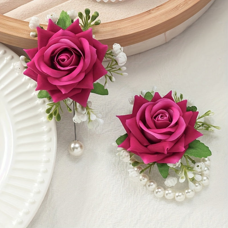 2pcs Elegant Rose Corsage and Wrist Flower Set in Polyester Fiber for School Events, Parties, Weddings Decorations
