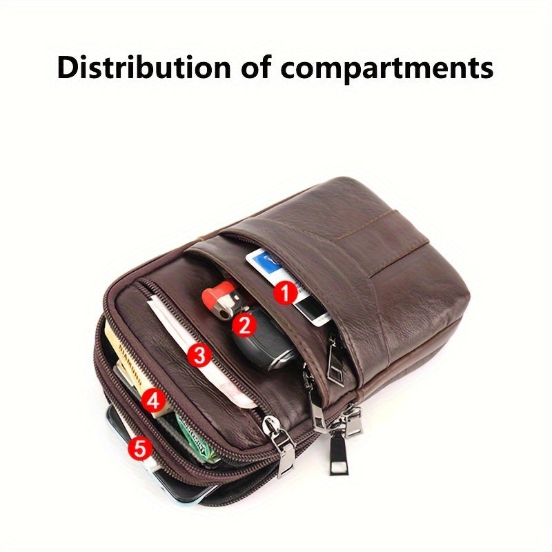 Men's Genuine Leather Crossbody Phone Holster - Brown Waist Pack with Multiple Zipped Pockets, Adjustable Strap & Headphone Hole for Casual Outings