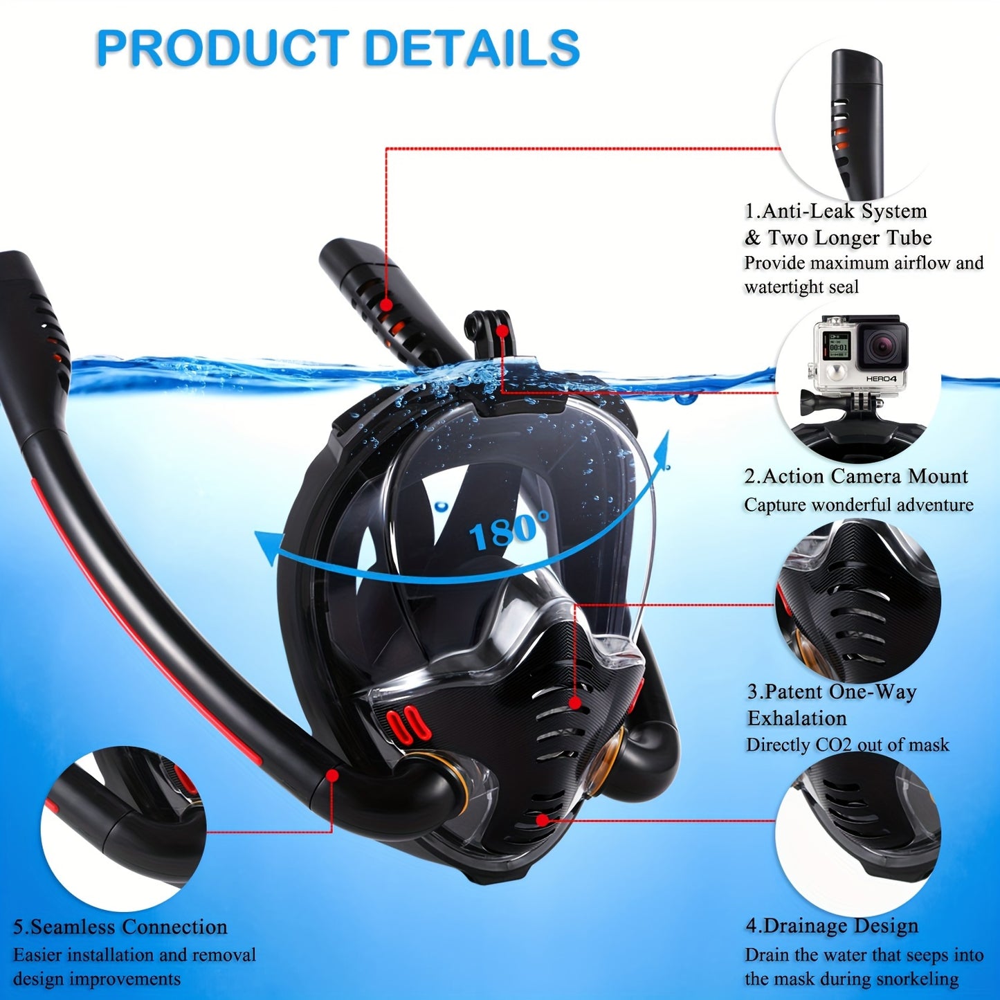 BOKEFA Adult Snorkel Mask & Fins Set - Adjustable Full Face, 180° Panoramic View, Anti-Fog, Leakproof Design with Enhanced Airflow & GoPro Mount, Comfortable Polycarbonate Gear for Men & Women, Snorkeling Gear for Adults