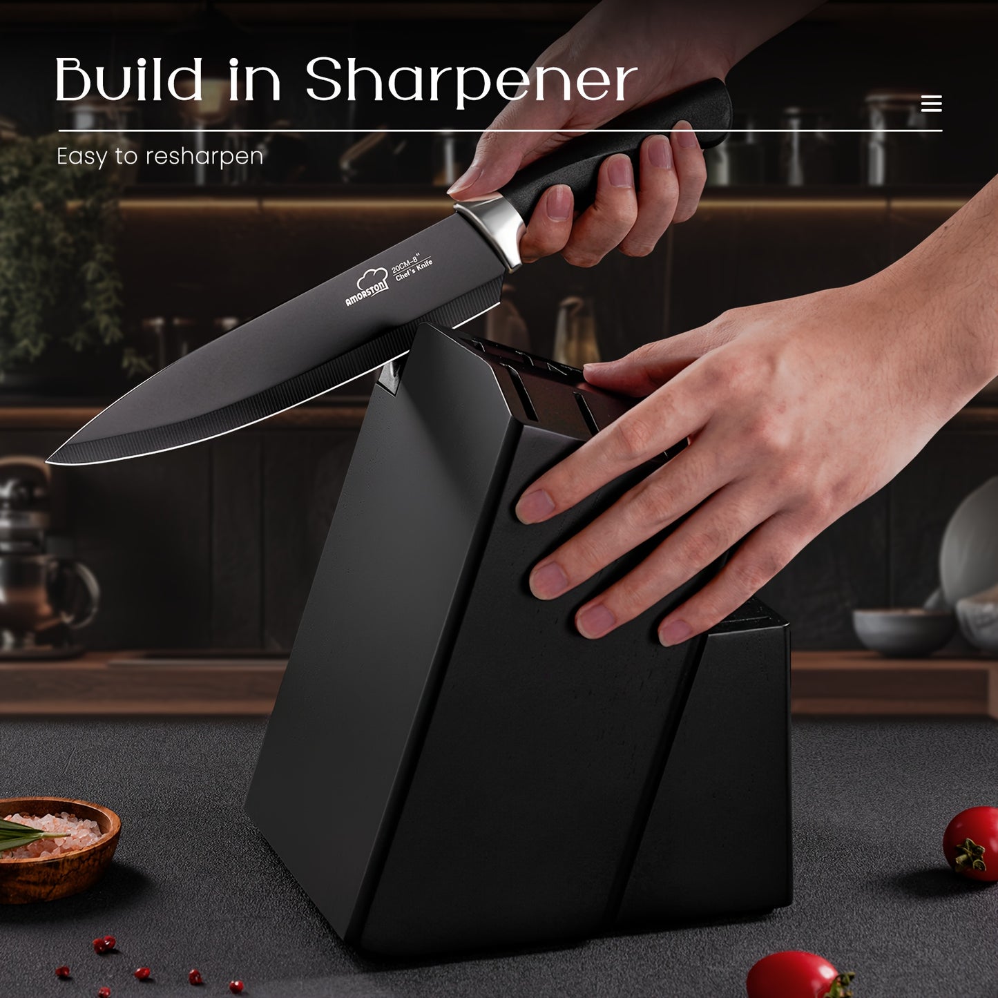 20pcs/ Knife Set, Amorston 20pcs Knife Sets for Kitchen with Block, Dishwasher Safe Kitchen Knife Set with Built-in Sharpener, German Stainless Steel Black Knife Block Set, Kitchen Gadgets Gifts for Mom Or Dad