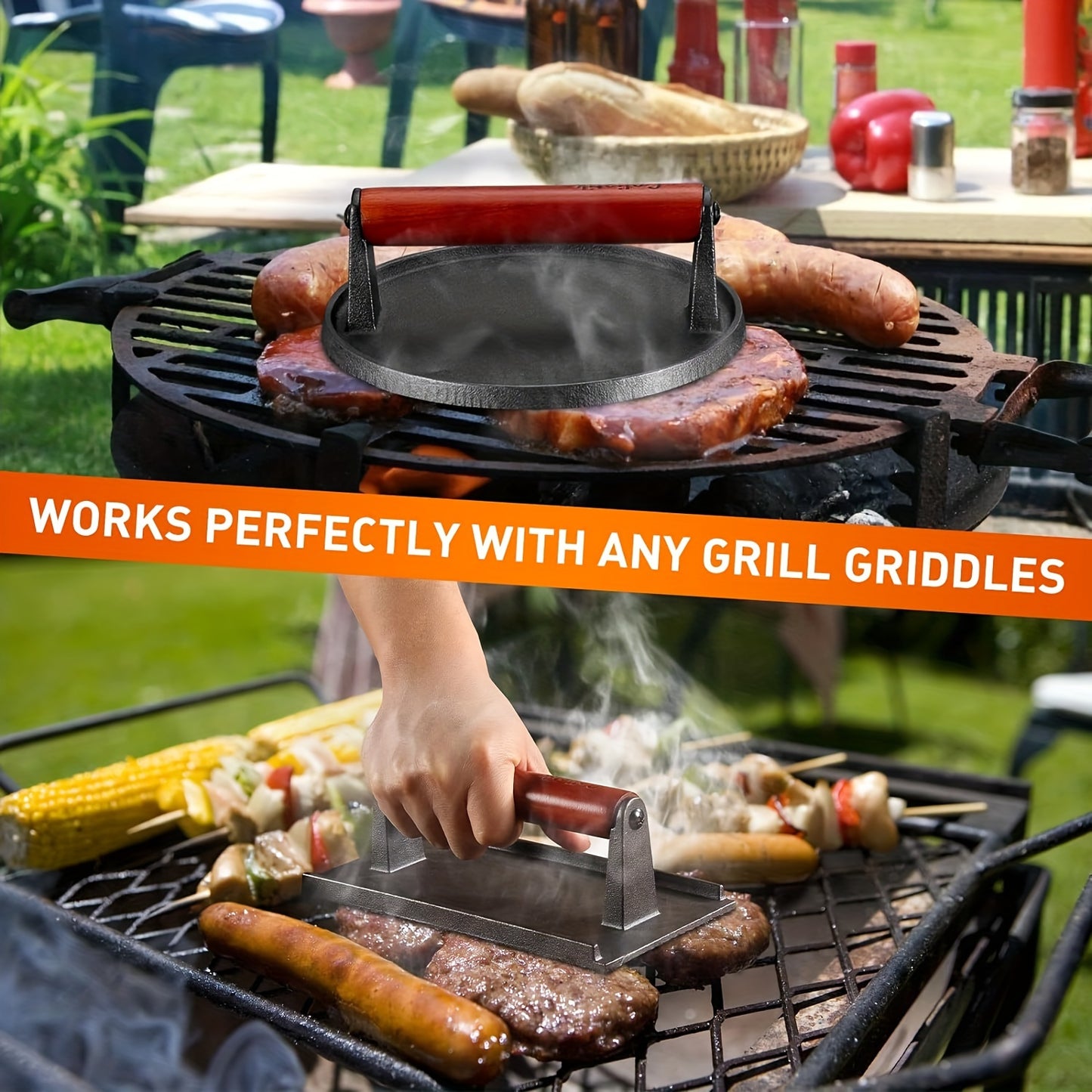 2pcs Burger Press, 7" Round & 8.2"X4.3" Rectangle Heavy-Duty Cast Iron Smash Press Meat Steak With Wood Handle For Griddle, Sandwich, Nonstick Pan