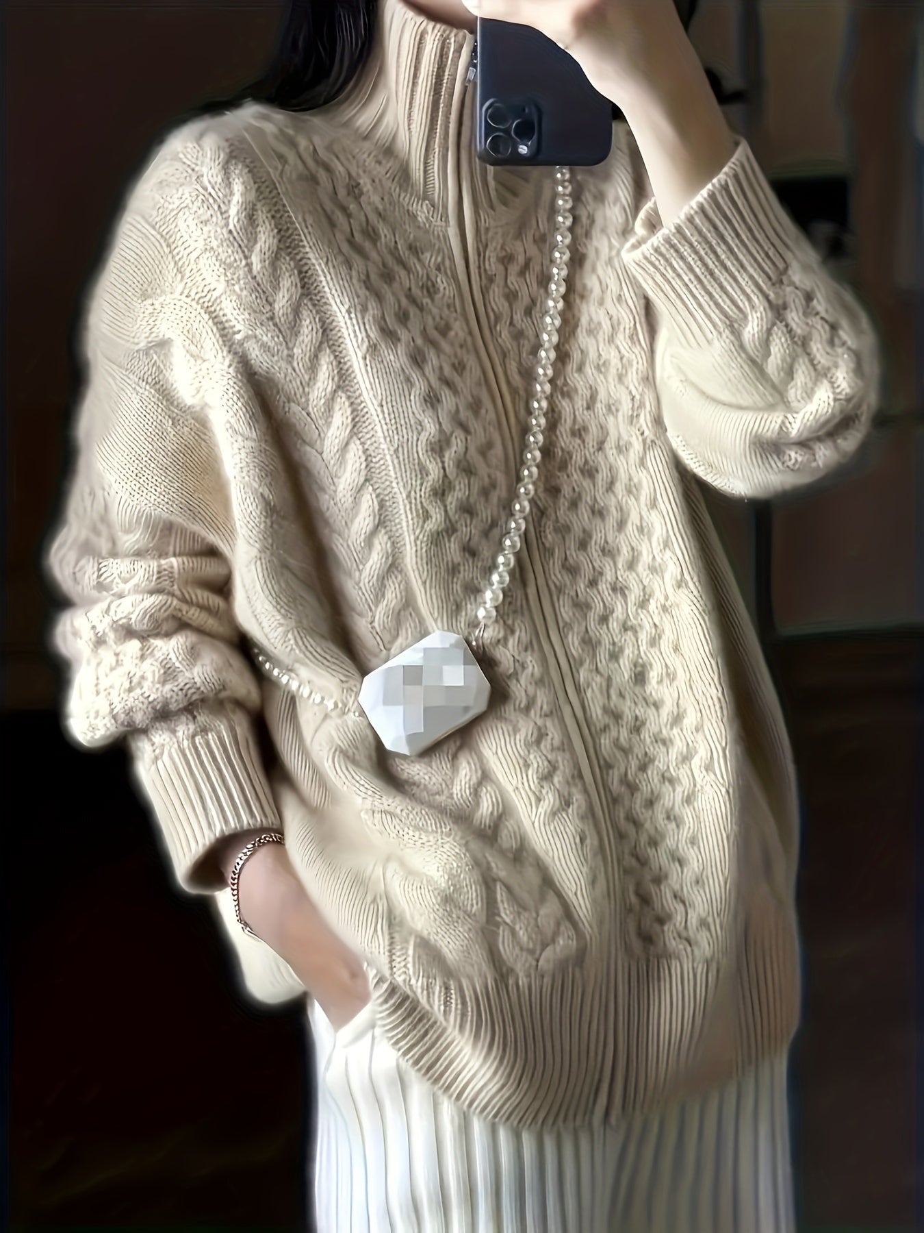 Plus Size Twist Textured Cardigan, Casual Long Sleeve Zipper Cardigan, Women's Plus Size Clothing
