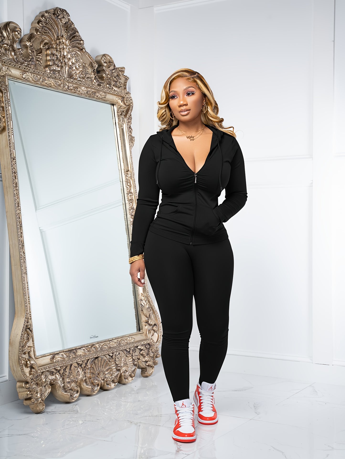 Women Two Piece Outfits Workout Sets Bodycon Tracksuit Long Sleeve Zip Up Hoodie Jacket Jogger Matching Sweat Pants Set