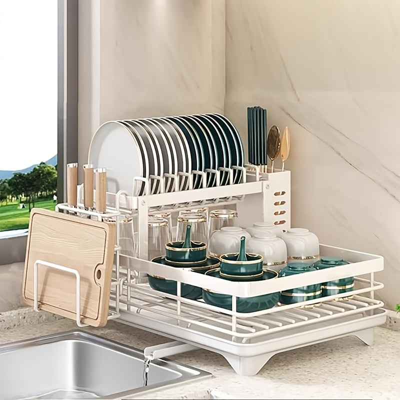 2-Tier Stainless Steel Dish Drying Rack with Drainboard - Space-Saving Kitchen Organizer for Plates, Cups, and Cutlery, Rust-Proof & Easy to Assemble, Black, Dish Drying Rack for Kitchen Counter