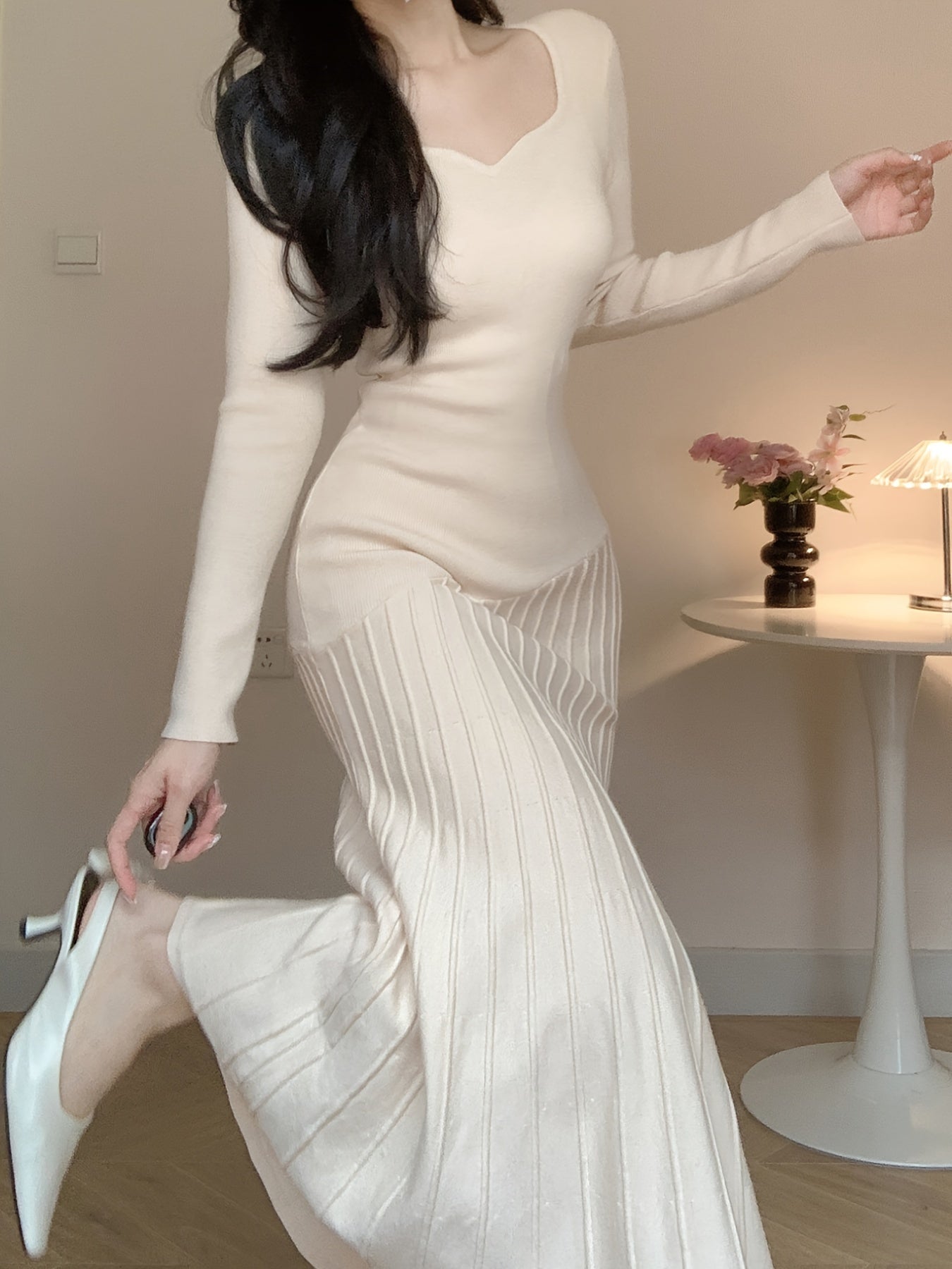 Long Sleeve V-Neck Knit Dress, Polyester, Polyamide, Viscose Blend, Middle Eastern Style, Autumn/Winter, Floor-Length, A-Line, Hand Wash Or Dry Clean