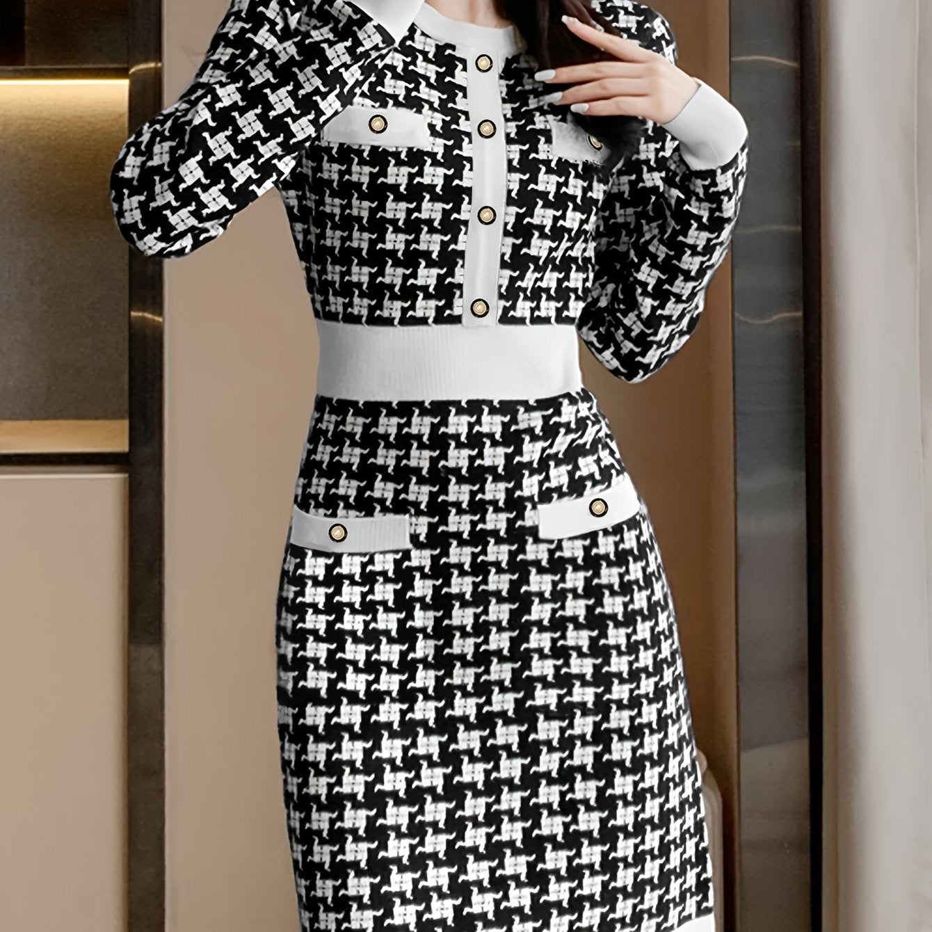 Allover Print Color Block Dress, Elegant Button Front Long Sleeve Dress, Women's Clothing