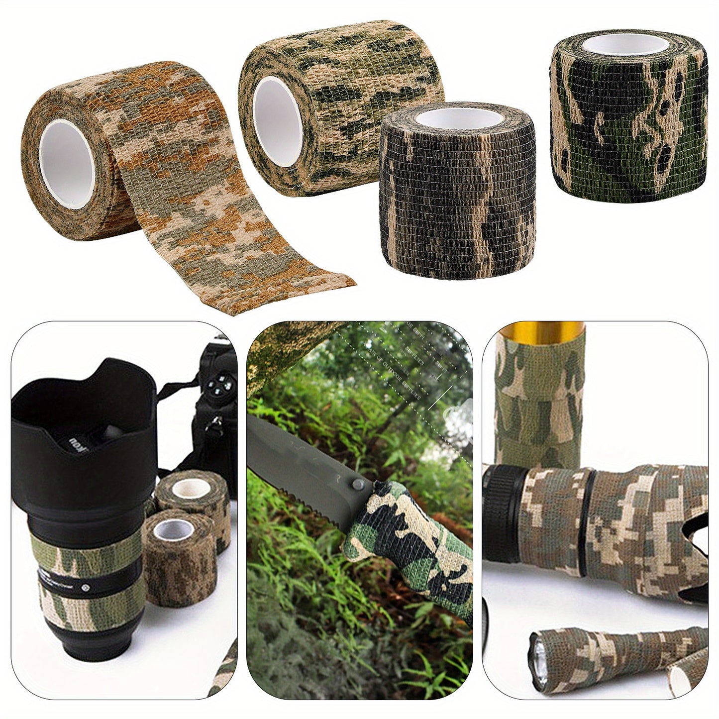 4 Rolls Camo Wrap Tapes, Reusable Camouflage Tape, Self-Adhesive Non-Woven Stealth Camo Bandages, 5cm X 4.5m, Camouflage Assorted Colours