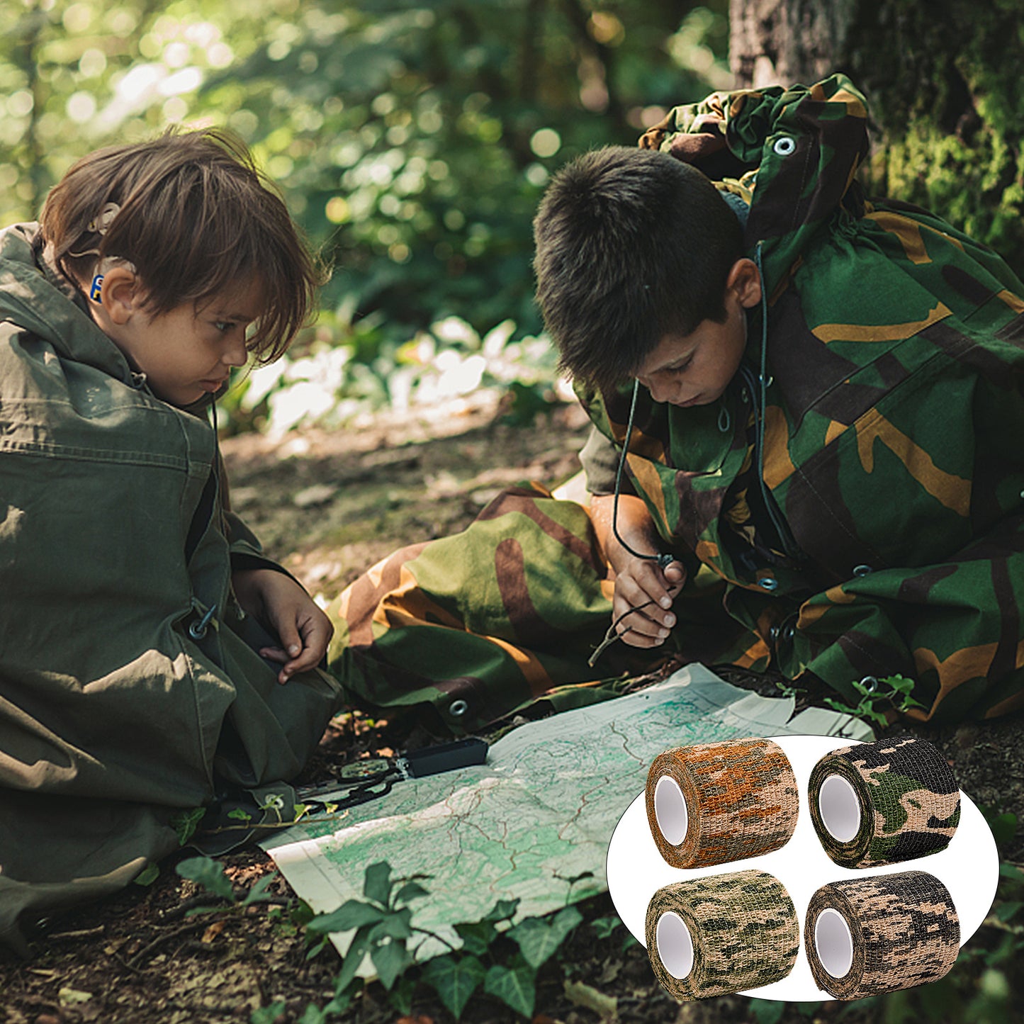 4 Rolls Camo Wrap Tapes, Reusable Camouflage Tape, Self-Adhesive Non-Woven Stealth Camo Bandages, 5cm X 4.5m, Camouflage Assorted Colours