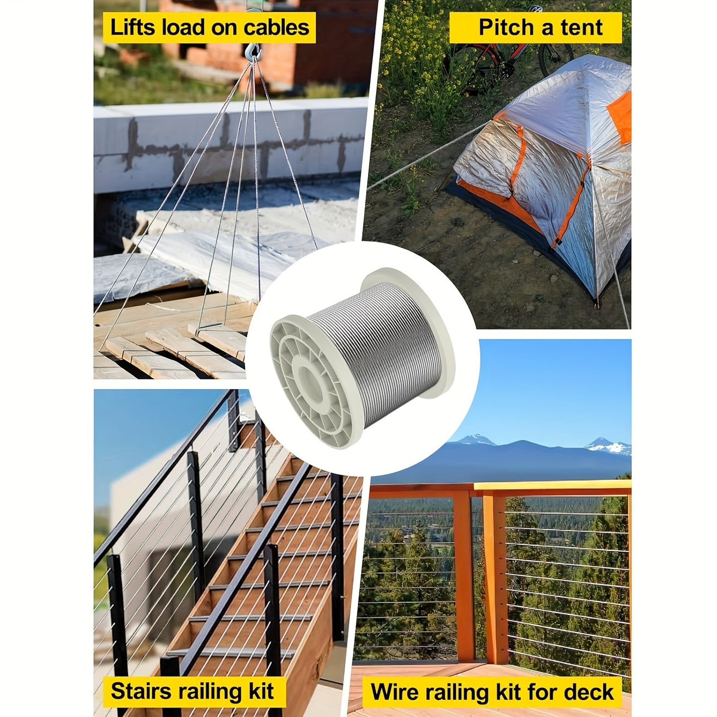 1000ft T316 Stainless Steel 1/8" Wire Rope, Marine Grade Cable for Deck Railing, 7x7 Strand Outdoor Cable Railings, Weather-Resistant Aircraft Cable for DIY Balustrade, Garden & Yard