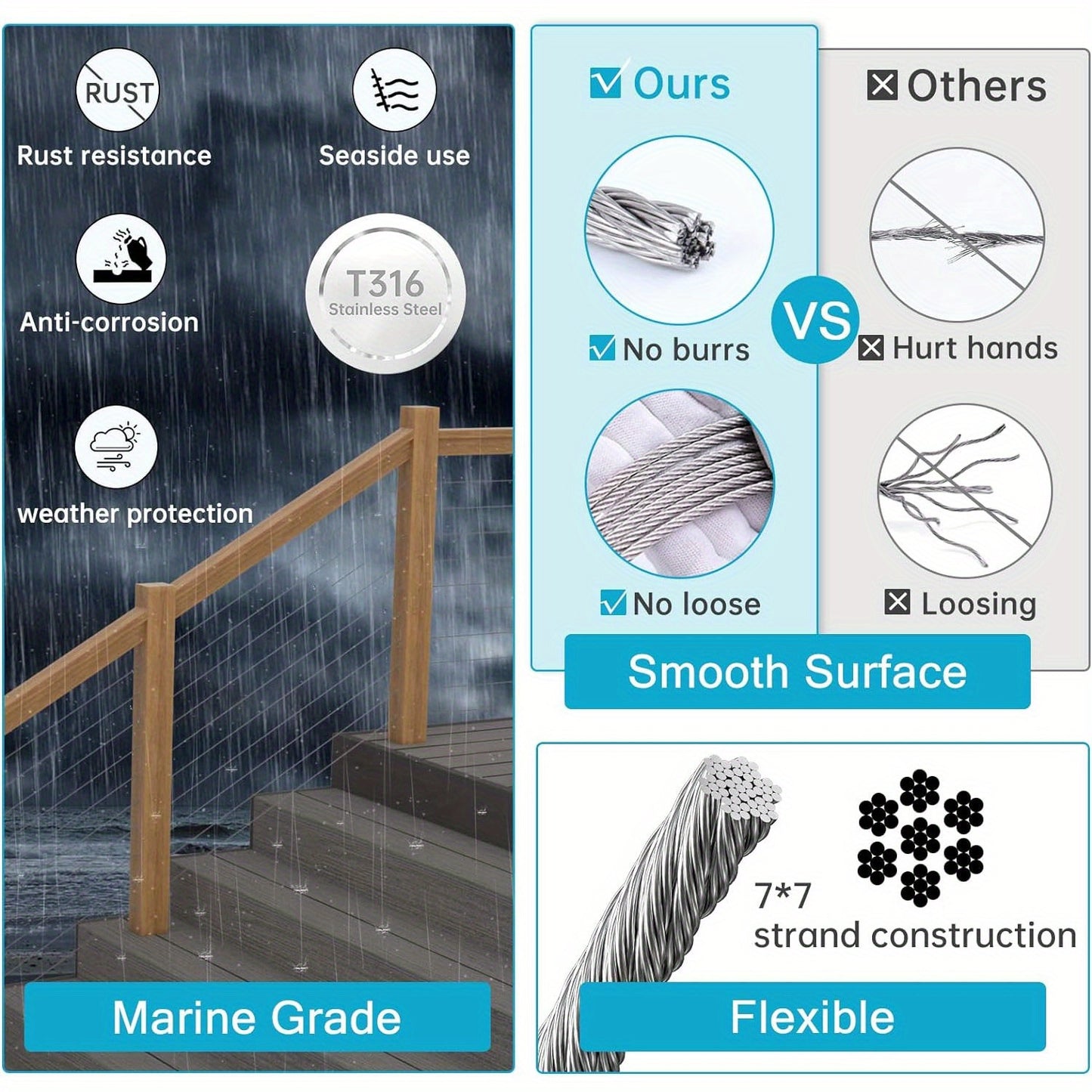 1000ft T316 Stainless Steel 1/8" Wire Rope, Marine Grade Cable for Deck Railing, 7x7 Strand Outdoor Cable Railings, Weather-Resistant Aircraft Cable for DIY Balustrade, Garden & Yard