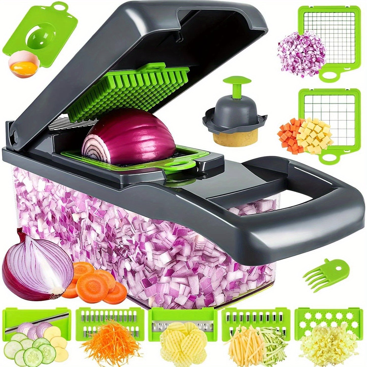 Vegetable Chopper, Pro Onion Chopper, 16 In 1Multifunctional Food Chopper, Kitchen Vegetable Slicer Dicer Cutter, Veggie Chopper With 8 Blades, Carrot Chopper With Container (Grey)
