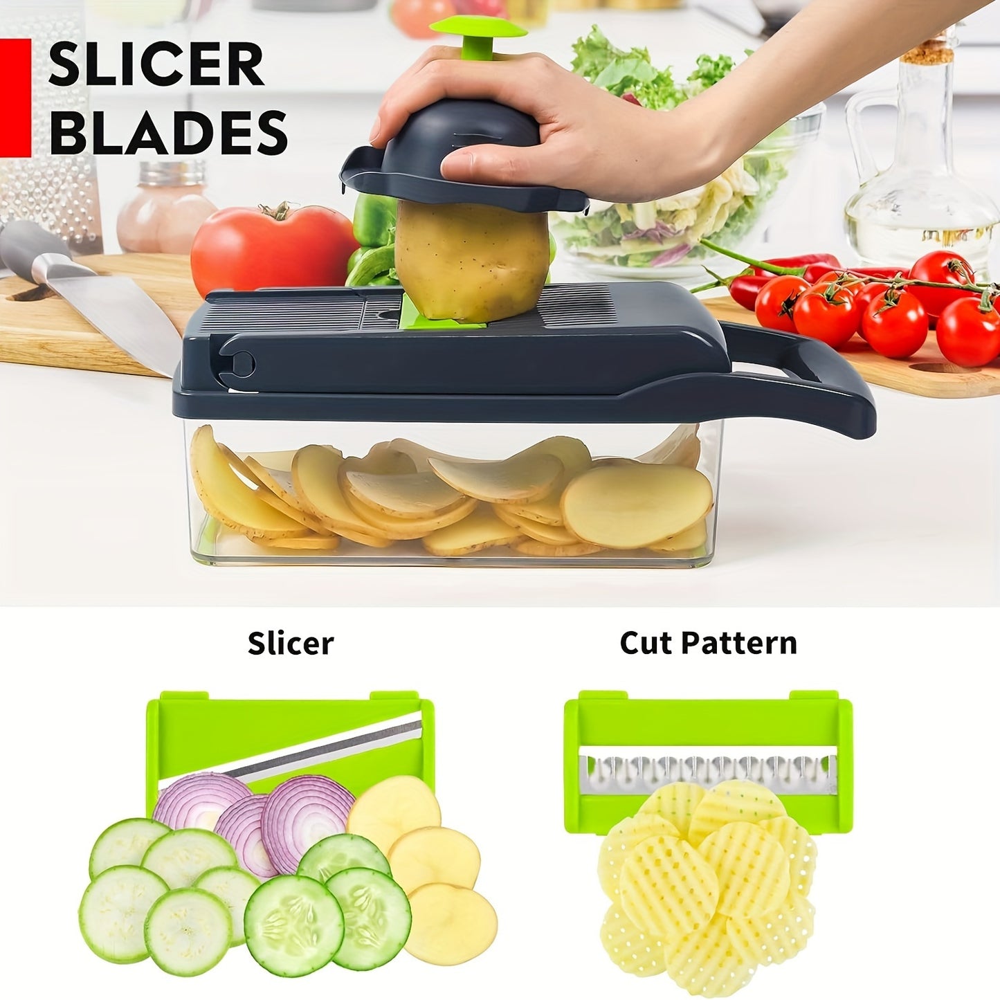 Vegetable Chopper, Pro Onion Chopper, 16 In 1Multifunctional Food Chopper, Kitchen Vegetable Slicer Dicer Cutter, Veggie Chopper With 8 Blades, Carrot Chopper With Container (Grey)