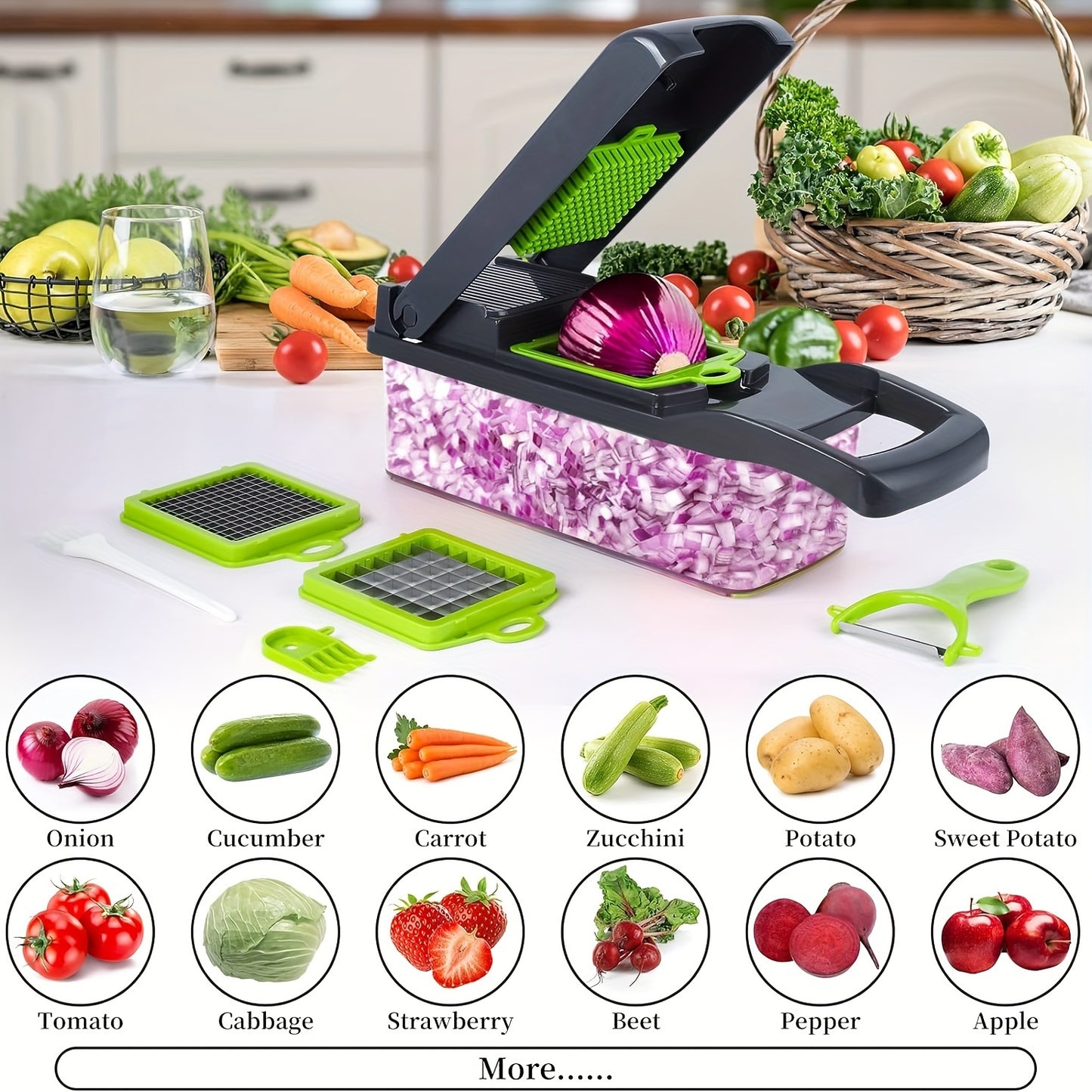 Vegetable Chopper, Pro Onion Chopper, 16 In 1Multifunctional Food Chopper, Kitchen Vegetable Slicer Dicer Cutter, Veggie Chopper With 8 Blades, Carrot Chopper With Container (Grey)