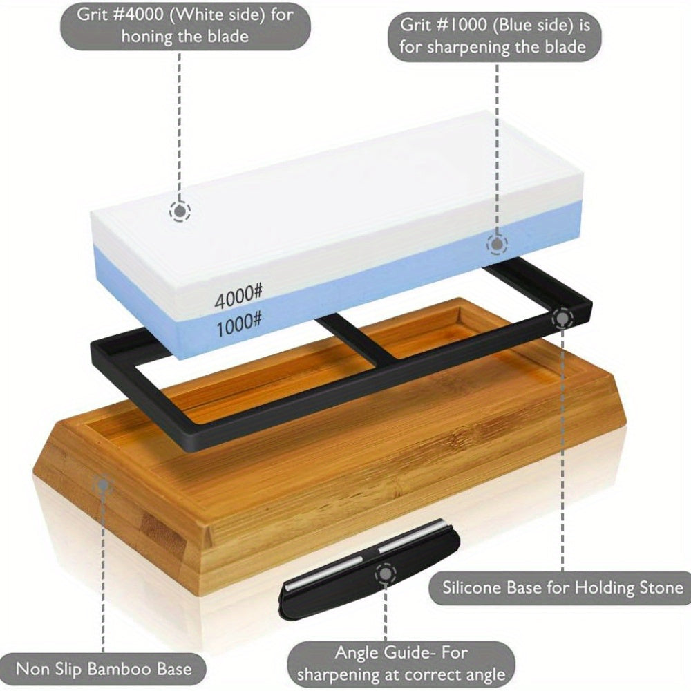 1pc Premium Knife Sharpening Stone–1000/ 4000 Grit Whetstone, Whetstone Knife Sharpener- NonSlip Bamboo Base & Angle Guide,, Household sharpening stone sharpener, convenient and fast sharpening stone