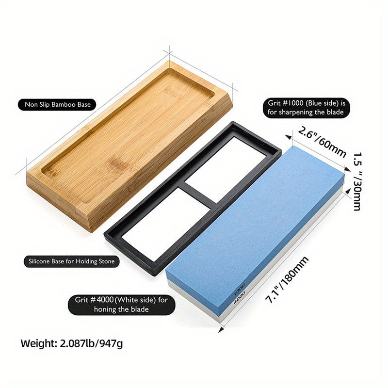 1pc Premium Knife Sharpening Stone–1000/ 4000 Grit Whetstone, Whetstone Knife Sharpener- NonSlip Bamboo Base & Angle Guide,, Household sharpening stone sharpener, convenient and fast sharpening stone