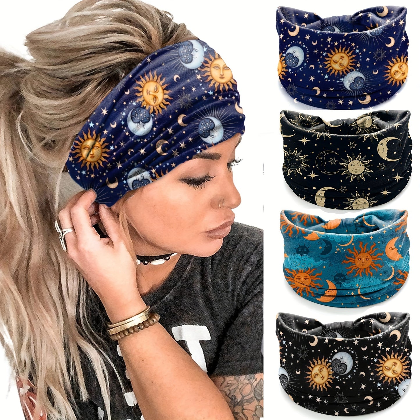 4pcs/Set Moon & Sun Pattern Sports Headband With Anti Slip Knotting, Valentine'S Day Gifts Wide & Soft Fashionable Bohemian Headbands-Elastic Yoga Hair Mask, Non Slip Headbands For Running Sports, Yoga Turban Hair Bands-Hair