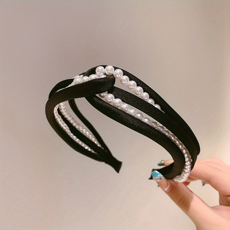 1PC European and American personality pearl headband heavy head grottoes Fashion personality pearl pleated knot pressure headband wide edge clip headband female