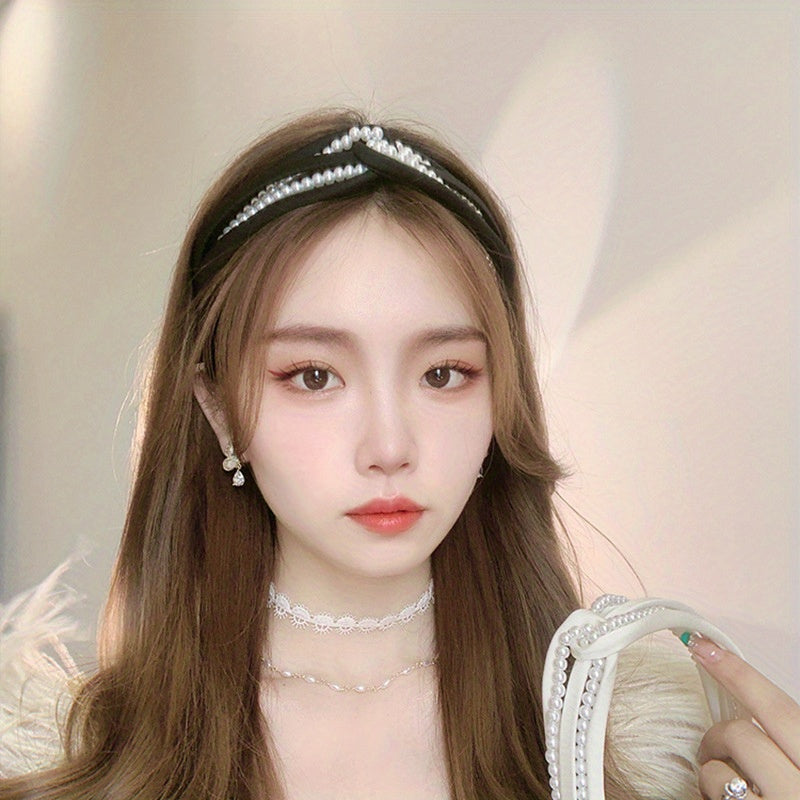 1PC European and American personality pearl headband heavy head grottoes Fashion personality pearl pleated knot pressure headband wide edge clip headband female