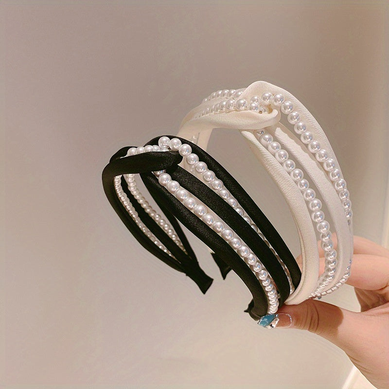 1PC European and American personality pearl headband heavy head grottoes Fashion personality pearl pleated knot pressure headband wide edge clip headband female