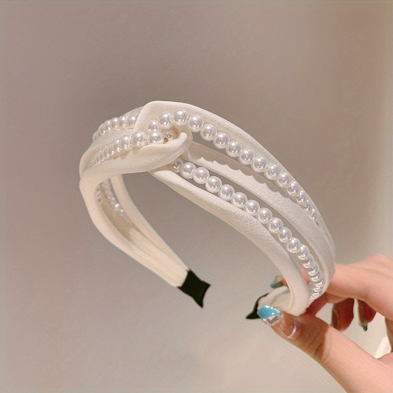 1PC European and American personality pearl headband heavy head grottoes Fashion personality pearl pleated knot pressure headband wide edge clip headband female
