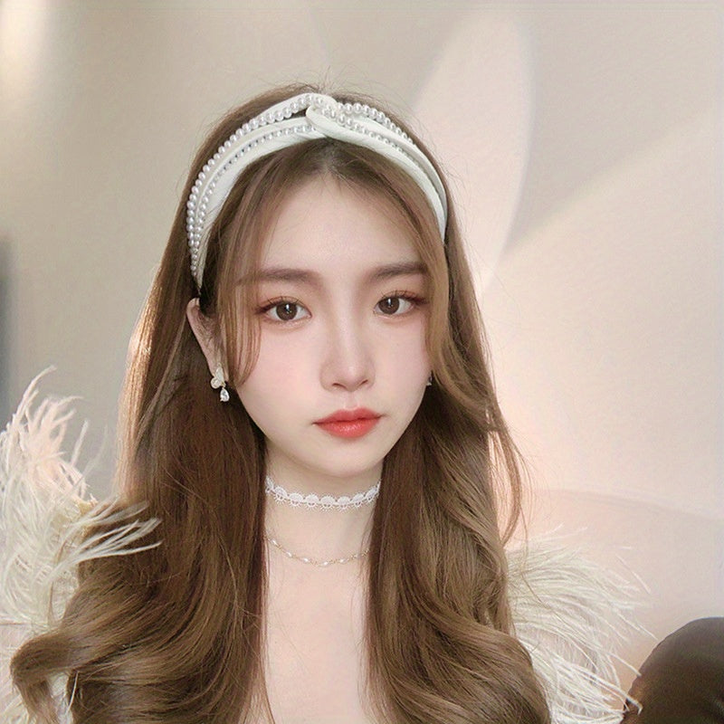 1PC European and American personality pearl headband heavy head grottoes Fashion personality pearl pleated knot pressure headband wide edge clip headband female