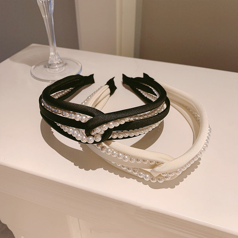 1PC European and American personality pearl headband heavy head grottoes Fashion personality pearl pleated knot pressure headband wide edge clip headband female