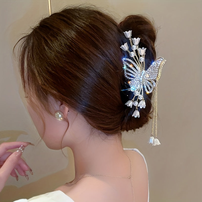 1pc Cool Flower Butterfly Rhinestone Faux Pearl Tassel Large Hair Clip, Fairy Hair Accessories, Ideal Choice For Gifts