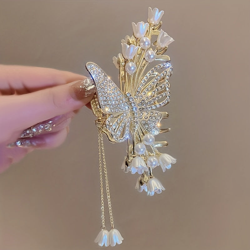 1pc Cool Flower Butterfly Rhinestone Faux Pearl Tassel Large Hair Clip, Fairy Hair Accessories, Ideal Choice For Gifts
