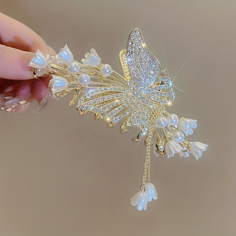 1pc Cool Flower Butterfly Rhinestone Faux Pearl Tassel Large Hair Clip, Fairy Hair Accessories, Ideal Choice For Gifts
