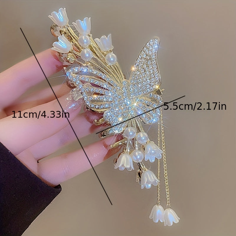 1pc Cool Flower Butterfly Rhinestone Faux Pearl Tassel Large Hair Clip, Fairy Hair Accessories, Ideal Choice For Gifts