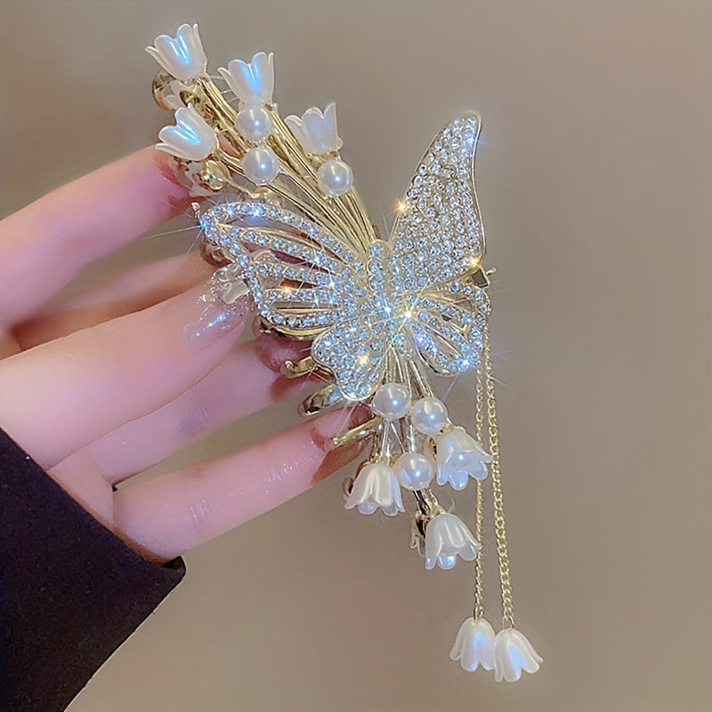 1pc Cool Flower Butterfly Rhinestone Faux Pearl Tassel Large Hair Clip, Fairy Hair Accessories, Ideal Choice For Gifts