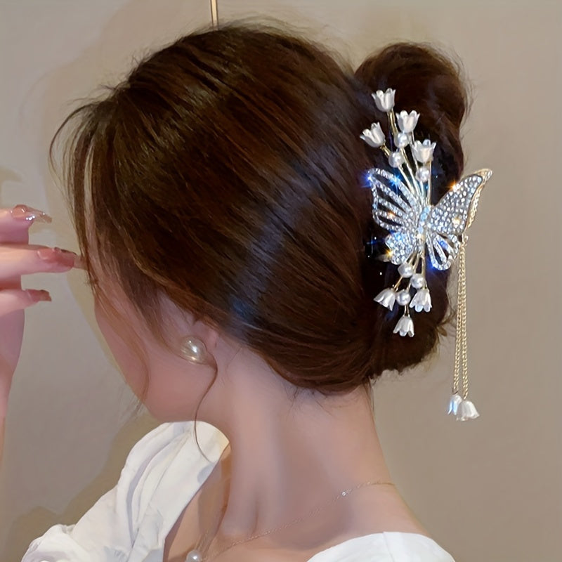 1pc Cool Flower Butterfly Rhinestone Faux Pearl Tassel Large Hair Clip, Fairy Hair Accessories, Ideal Choice For Gifts