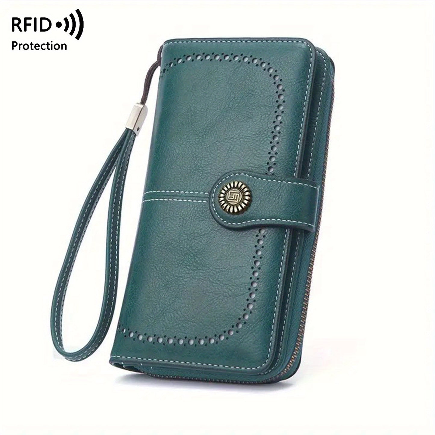 1 Pc Retro Large Capacity RFID Blocking PU Leather Solid Color Womens Purse - Multi-Functional Zipper Wallet with Wrist Strap, Passport, Ticket, Credit Card Holder and Phone Compartment - Stain Resistant, Fashionable, and Eas