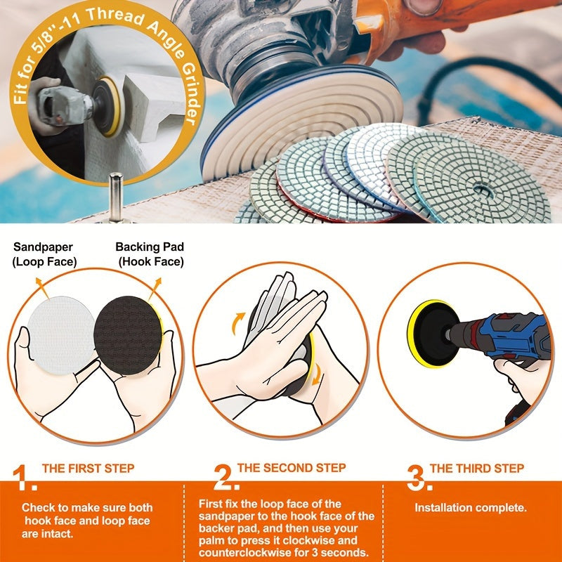 Diamond Grinding Discs Set of 12 - 4-Inch Wet/Dry Polishing Pads with 5/8" 11 Backing Pad for Drill, Grinders, And Polishers, Grit Material Type: Diamond, Backing Type: Polymer, Power Supply: Manual - Ideal for Concrete, Marb