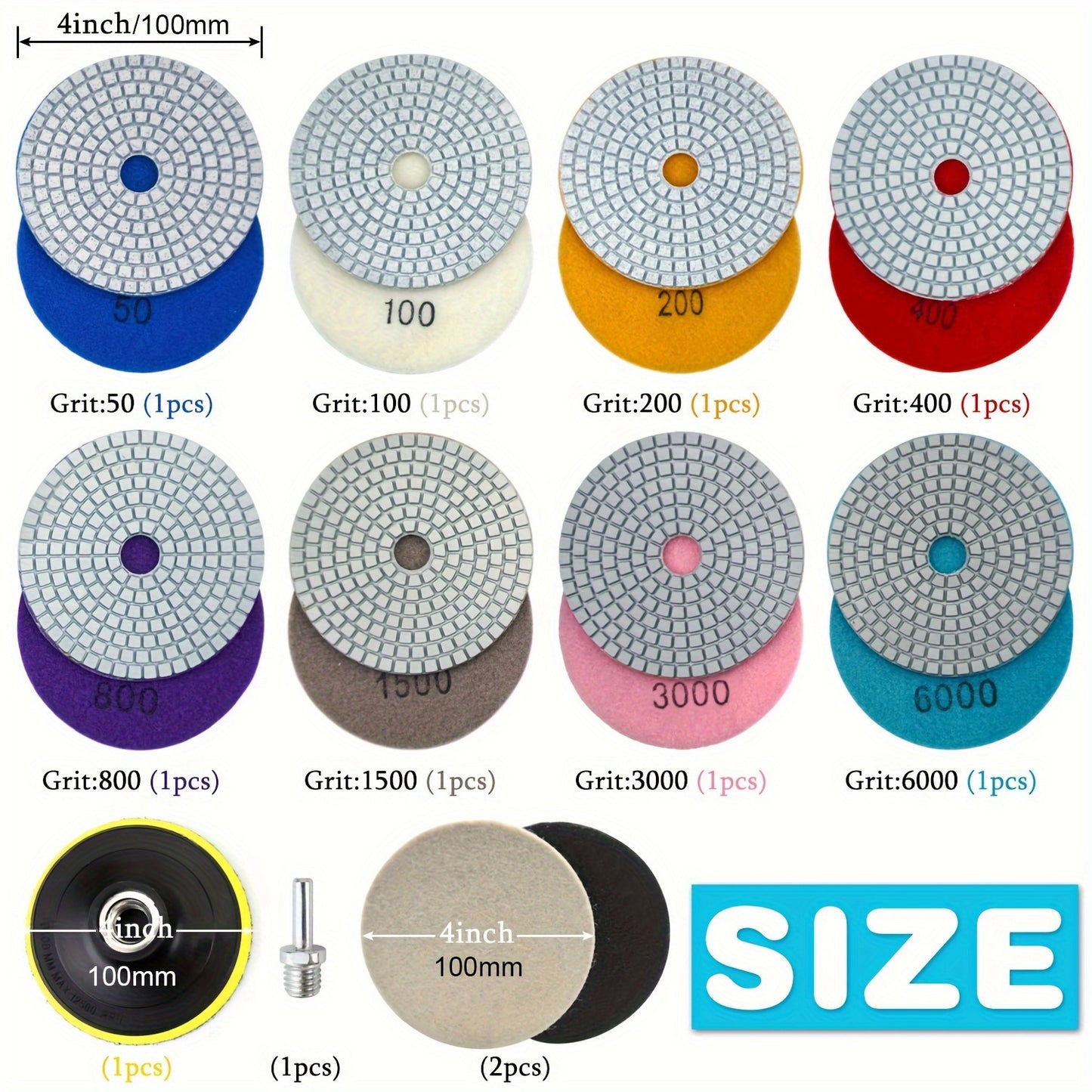 Diamond Grinding Discs Set of 12 - 4-Inch Wet/Dry Polishing Pads with 5/8" 11 Backing Pad for Drill, Grinders, And Polishers, Grit Material Type: Diamond, Backing Type: Polymer, Power Supply: Manual - Ideal for Concrete, Marb