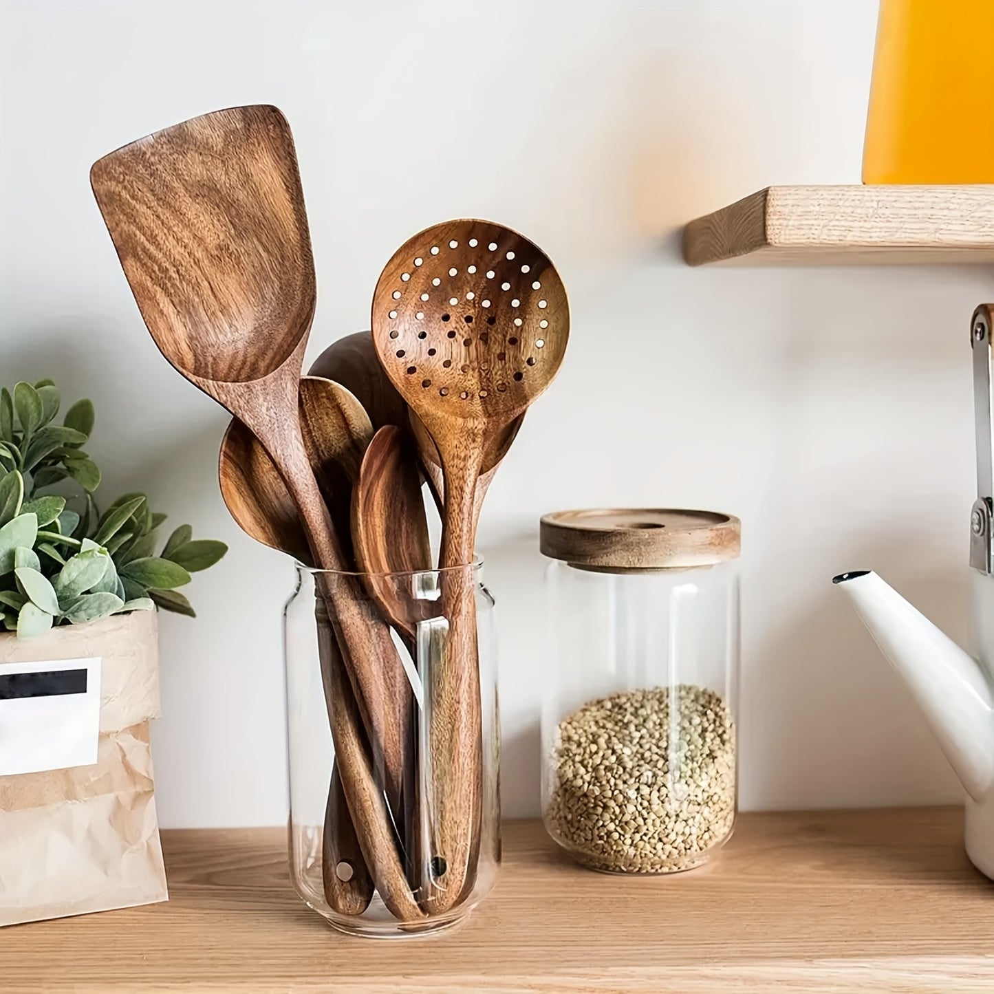 5pcs Premium Wooden Kitchen Utensils Set - Ergonomic Handles, Natural Wooden Spoons, Spurtle, Ladle, And Wok Spatulas for Non-Stick Pans, Heat Resistant, Easy to Clean, And Durable Kitchen Essentials Cookware Accessories