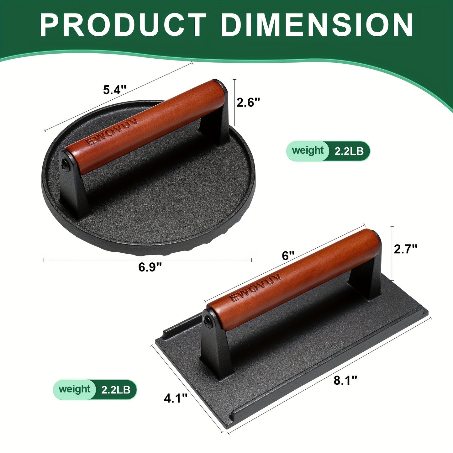 2pcs Burger Press, 7" Round & 8.2"X4.3" Rectangle Heavy-Duty Cast Iron Smash Press Meat Steak With Wood Handle For Griddle, Sandwich, Nonstick Pan
