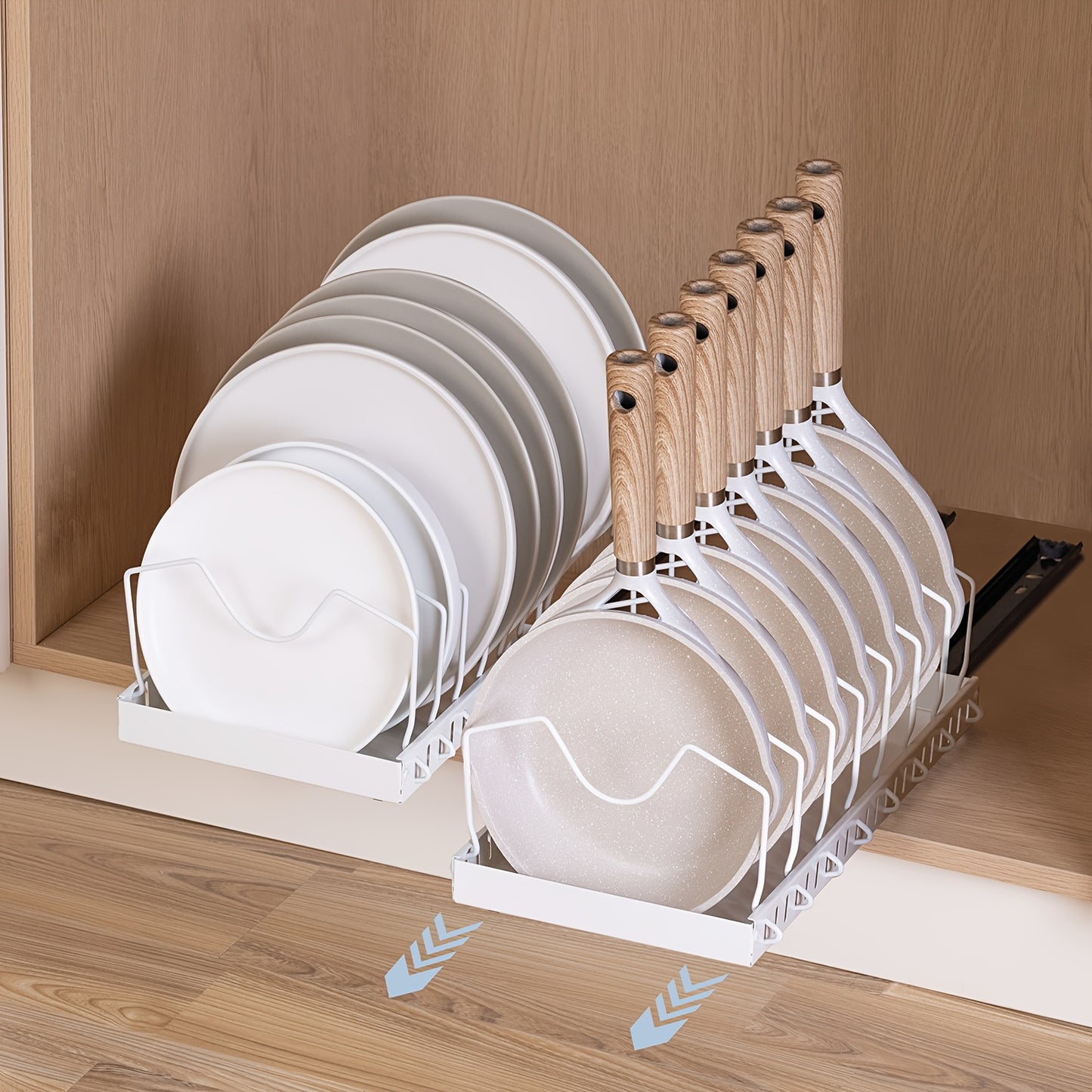 Pull Out Pot Lids Organizer Rack, 2pcs Pots And Pans Organizer for Under Cabinet, Pot Lid Holder with 8 Adjustable Compartment for Kitchen Cabinet Cookware Baking