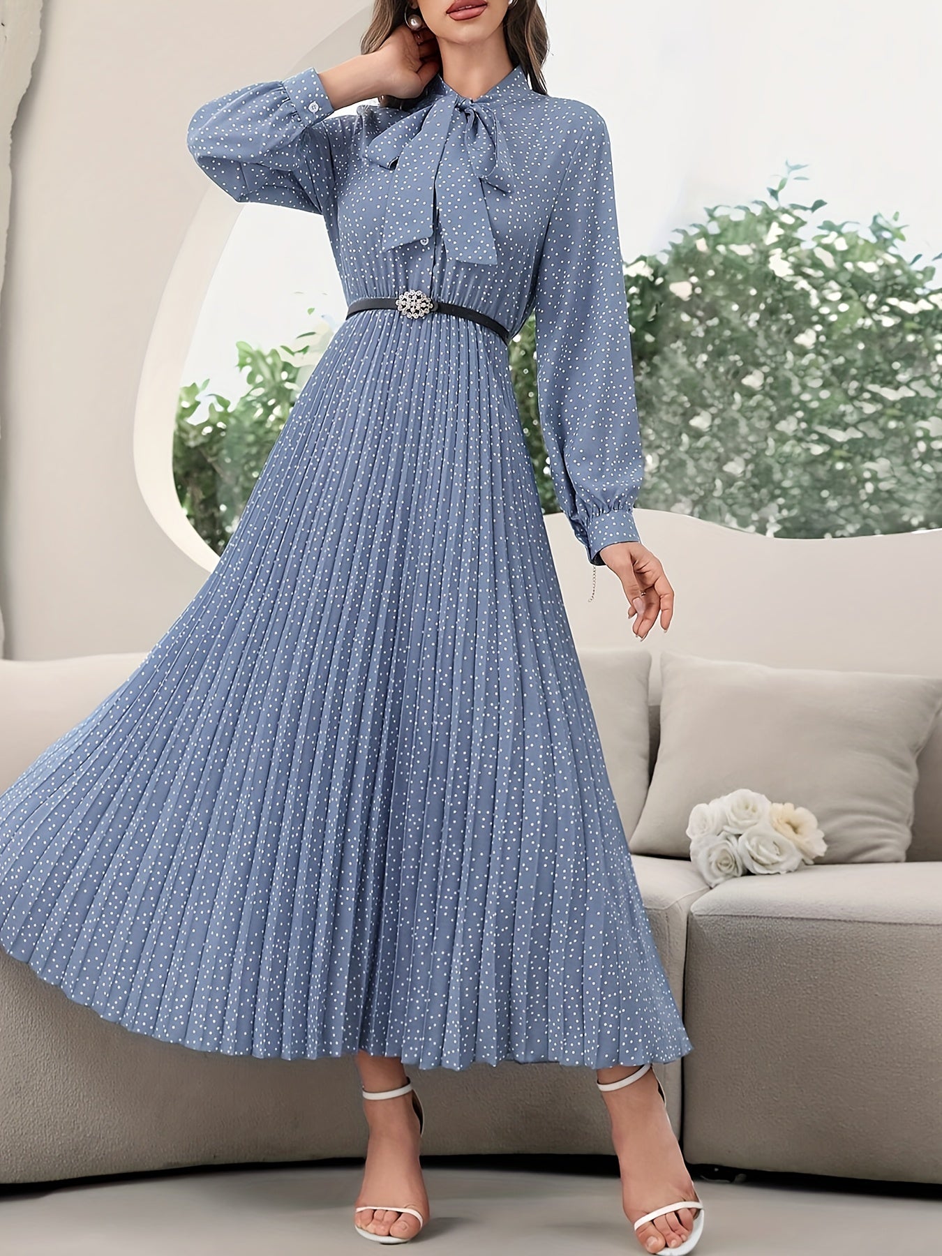Stylish Pleated Tie Neck Long Sleeve Dress - Elegant Women's Dresses for Spring & Fall Season - Comfortable, Versatile, and Chic Clothing for Ladies