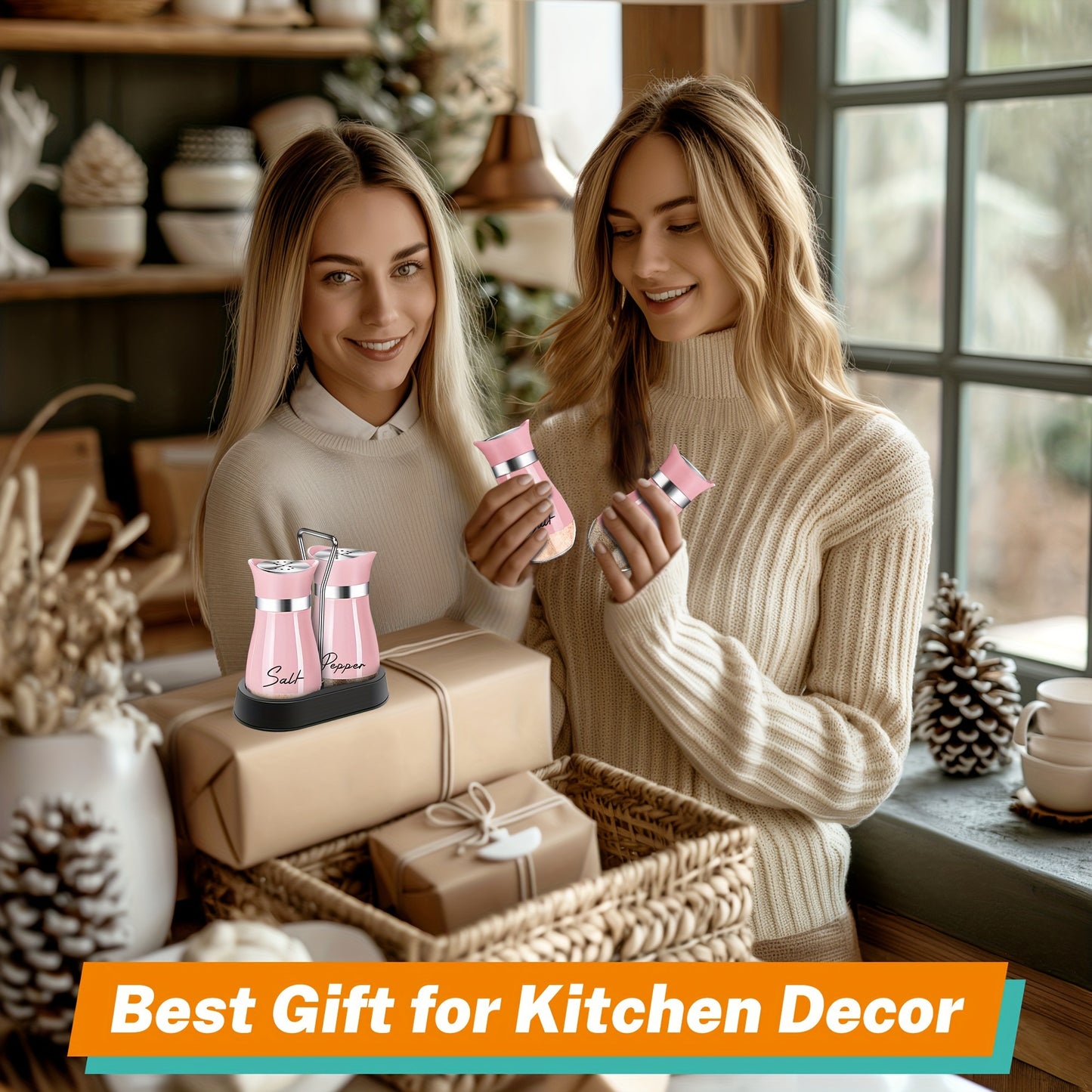 Pink Salt And Pepper Shakers Set With Holder, 4 Oz Kitchen Decor And Accessories Home Essentials Cute Household Items For Mother's Day Housewarming Gift Refillable Design (Pink)