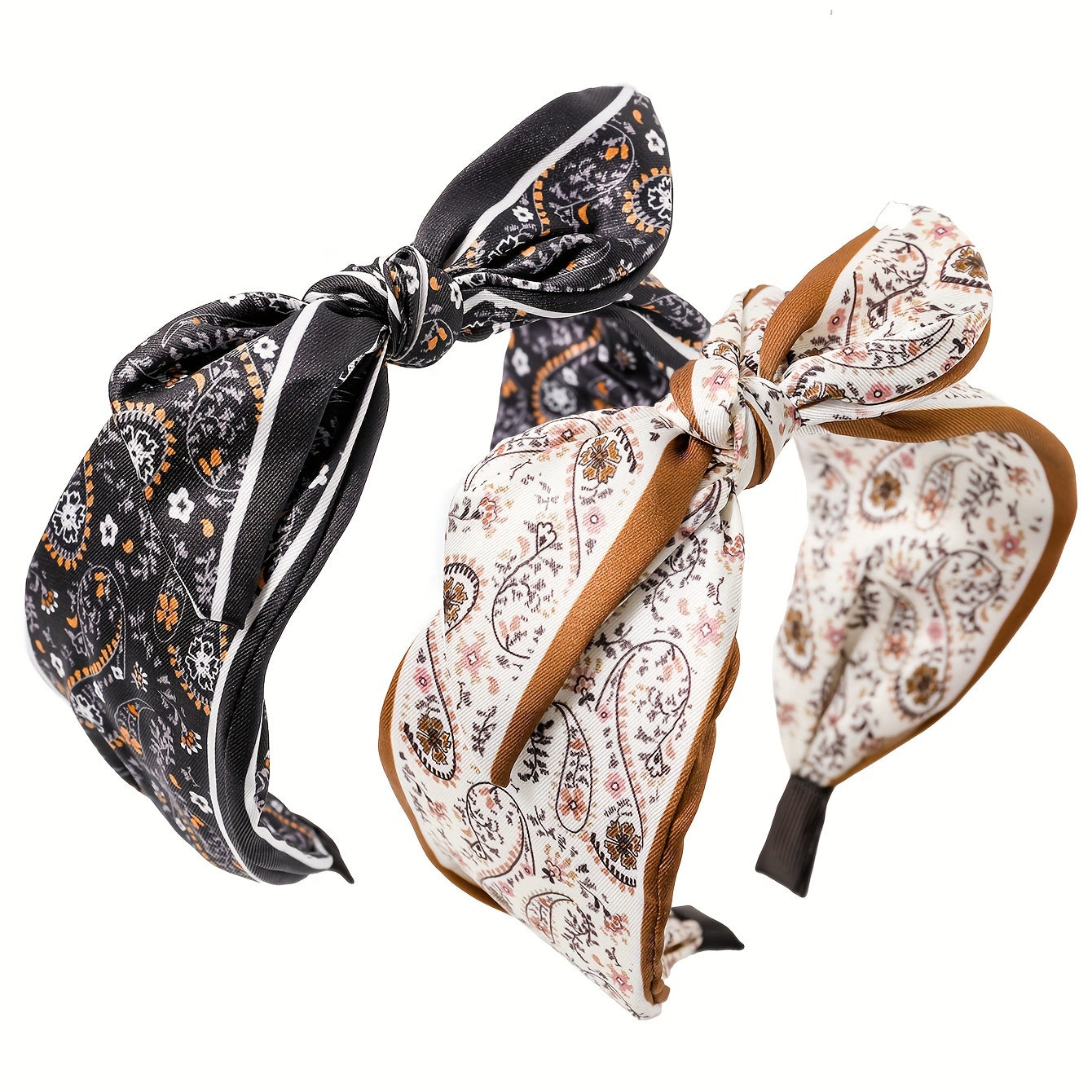 2pcs Elegant & Boho Chic Knotted Headbands for Women - Floral & Paisley Designs with Rabbit Ear Accents, Comfortable Fabric Hair Accessories for Casual Attire