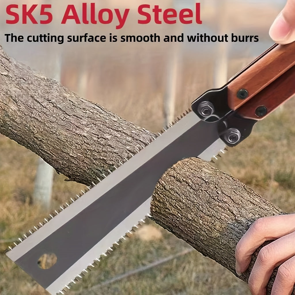 1pc Durable SK5 Steel Folding Saw - Multi-Functional Double-Edge Hand Saw for Woodworking, Chrome Vanadium Alloy, Ergonomic Handle with Safety Lock, Portable Design, Ideal for Solid Wood, Tree Cutting, Board Cutting, Bamboo C