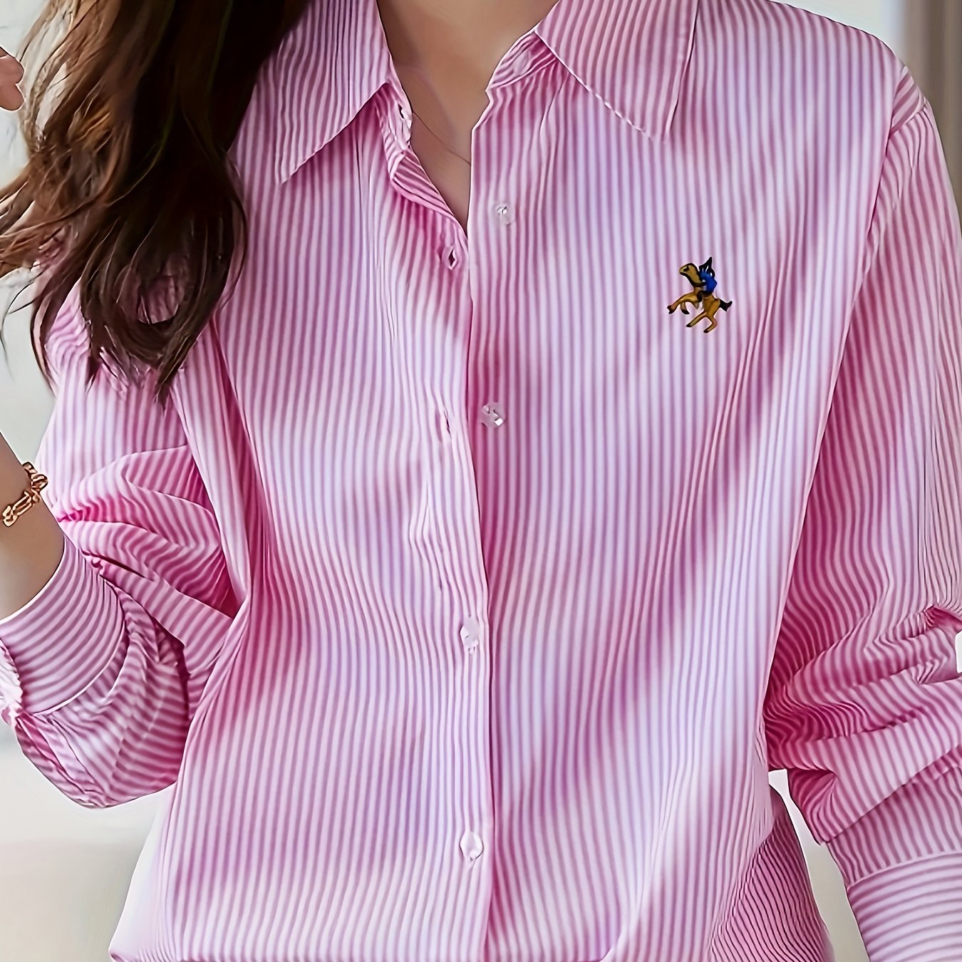 Women'S Casual Striped Polyester Blouse - 100% Polyester Long Sleeve Shirt with Lapel Collar, Button Details, Woven Fabric, Spring/Fall Collection
